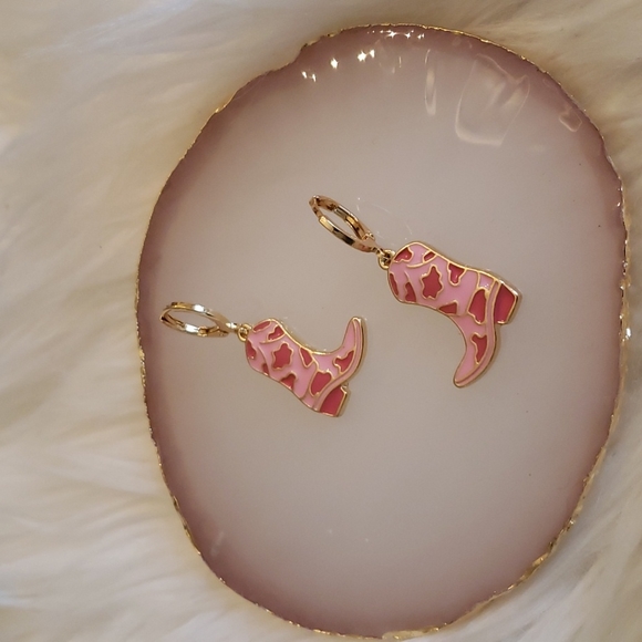 Pink Cow Print Cowgirl Boot Earrings - Picture 3 of 4